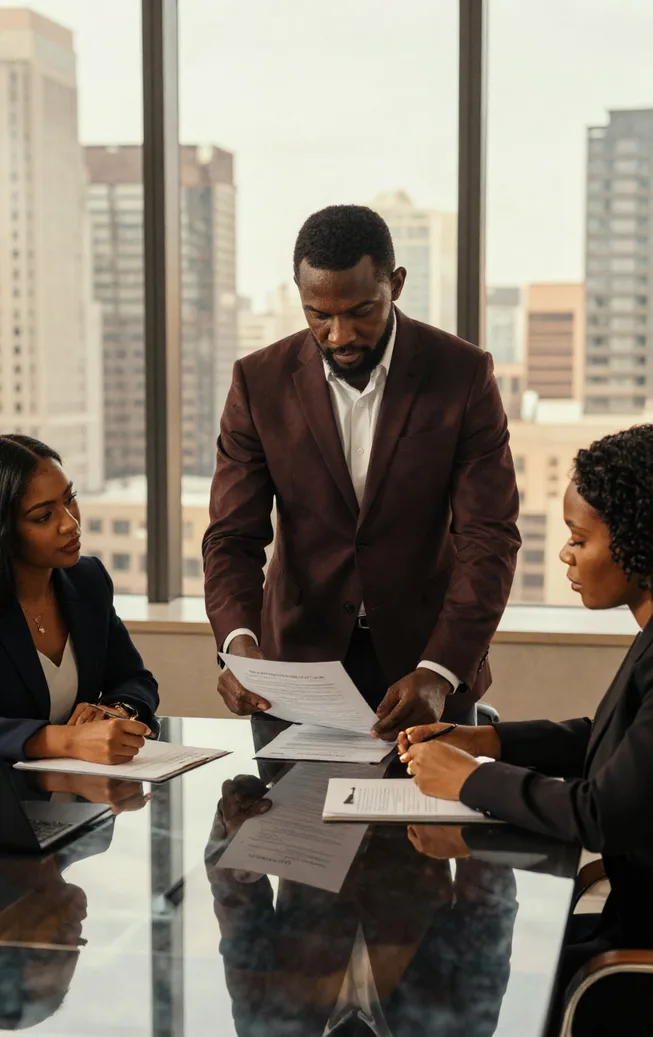 African founders and executives convening in an ownership boardroom